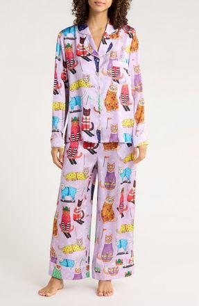 Karen Mabon Skiing Cats Classic Pajama Set in Lilac at Nordstrom, Size X-Small