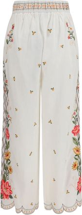 Farm Rio Womens Floral Embroidered Wide-Leg Pants Off White Linen; Viscose Trousers