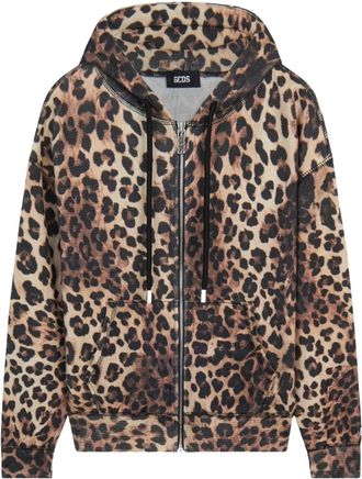 GCDS Leopard Print Waffle Zip Hoodie - Dames - Vesten met rits - Bruin - S - Katoen - Hoodies & sweatvesten