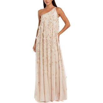 Mac Duggal Floral Embellished Mesh One Shoulder Kaftan Gown in Vanilla at Nordstrom, Size 14