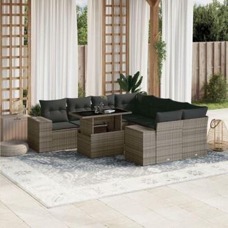 vidaXL Set De Muebles De Jard&iacute;n 9 Pzas Y Cojines Rat&aacute;n Sint&eacute;tico Gris Vidaxl