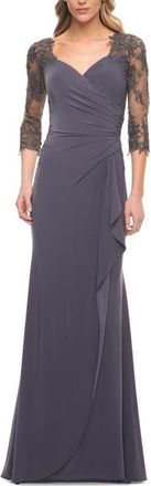 La Femme Lace and Net Jersey Gown with Illusion Sleeves in Gunmetal at Nordstrom, Size 20
