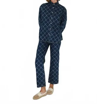 The Tiny Big Sister Womens Flowers Grid Denim Shirt In Blue