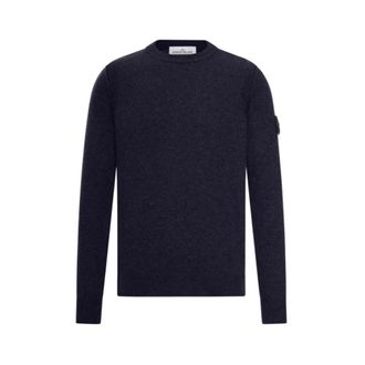 Stone Island Round-neck Knitwear, male, Blue, Size: XL Wool Crewneck Sweater
