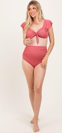 Pinkblush Ribbed Ruffle Shoulder Front Tie High Waist Two-Piece Swimsuit at Nordstrom, Size Small