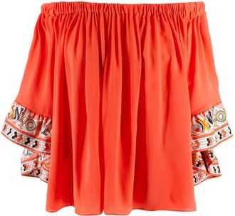 Emilio Pucci Printed-trim Off-shoulder Coral Blouse Size XS