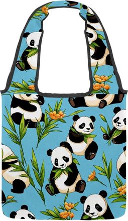 Generic Cute Panda on Blue Reversible Canvas Shoulder Tote - Double-Sided Print, 12oz Cotton, 27cm Drop, Fold-Flat Bag for Travel, Shopping, Street Outings