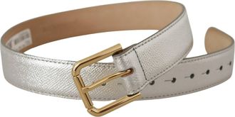 Dolce & Gabbana Womens Silver Leather Gold Tone Logo Metal Waist Buckle Belt