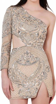 Scala One Shoulder Sleeve Cocktail Dress In Nude/silver