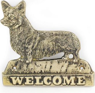 OEM Pembroke Welsh Corgi: Cartel Para Puerta Con Un Perro, Placa De Bienvenida De Lat&oacute;n, Cartel Exclusivo Con La Palabra Welcome De Art-dog