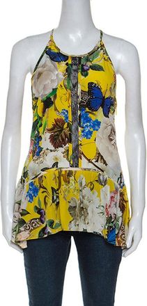 Roberto Cavalli Yellow Printed Silk Lace Detail Halter Top