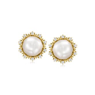 Ross-Simons 10.5-11mm Cultured Pearl and. White Topaz Earrings in 18kt Gold Over Sterling