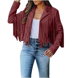 Generic Womens Fringe Jacket Faux Suede Western Style Tassel Cropped Coat Long Sleeve Vintage Biker Festival Outwear Boho Country Rodeo Short Jacket