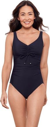 Aqua Green Cinched V-Neck Tummy Control Side Shirred One-Piece Swimsuit in True Navy at Nordstrom, Size X-Large