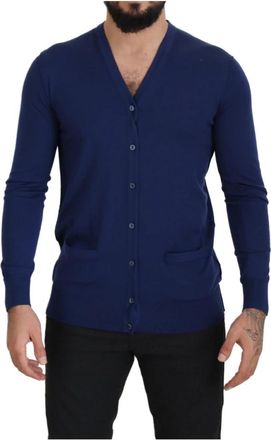 Dolce & Gabbana Blauwe Wol V-hals Cardigan Trui - Heren - Vesten - Blauw - XS - Wol - Truien & Vesten