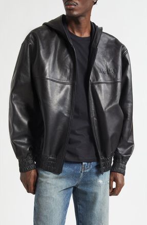 Amiri Oversize Hooded Lambskin Leather Zip Jacket in Black at Nordstrom, Size 44 Us