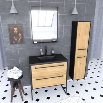 Aurlane Mueble De Ba&ntilde;o 80cm, Lavabo Negro, Espejo Led Y Columna - Roble Y Negro