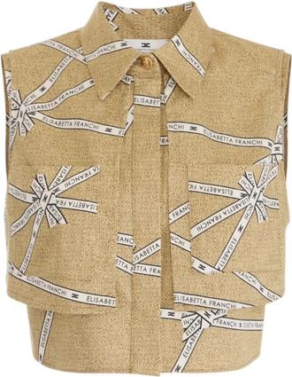 Elisabetta Franchi Overhemden, Dames, Beige, XS, Katoen, Katoenen shirt met raffiaprint en lint