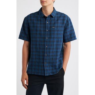 Brixton Cru Plaid Linen Blend Short Sleeve Shirt in Dark Blue/black Plaid at Nordstrom, Size Xx-Large