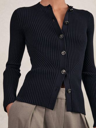Reiss Navy Button Front Knit Cardigan, XS