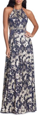 Betsy & Adam Metallic Floral Halter Top Gown in Navy/gold at Nordstrom, Size 10