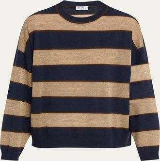 Brunello Cucinelli Shimmering Striped Wool-Cashmere Crewneck Sweater