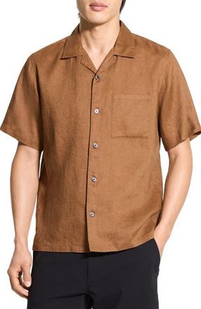 Theory Noll Short Sleeve Linen Button-Up Camp Shirt in Deep Tobacco at Nordstrom, Size X-Large