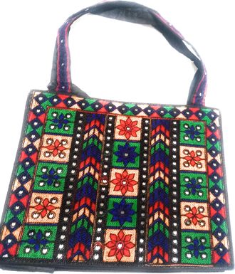 Generic Traditional Pakistani Embroidered Handbag, Multicoloured Floral Pattern, Black Quilted