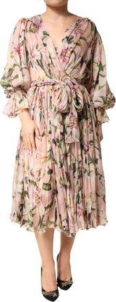 Dolce & Gabbana Pink Lily Print A-line Pleated Maxi Womens Dress