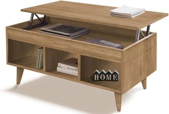 HOGAR 24 Mesa centro elevable, almacenaje y estantes madera, encerado