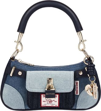 True Religion Color Block Denim Shoulder Bag with Front Flap Pocket and Lock Detail