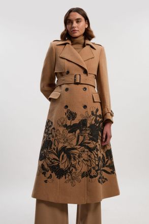 Karen Millen Womens Wool Placement Print Tailored Double Breasted Belted Midi Coat - Beige - Size 12 UK