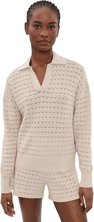 Barefoot Dreams Heathered Cotton Tulip Pointel Collared Pullover Womens Sweater Heathered Stone : MD (US 10-12)