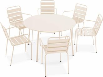 Oviala Mesa redonda de jard&iacute;n y 6 sillas de acero marfil