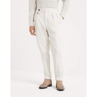 Brunello Cucinelli Mens Talc Cotton Wool Pleated Trousers, Size 52