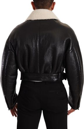Dolce & Gabbana Mens Black Leather Shearling Biker Coat Jacket Clothing