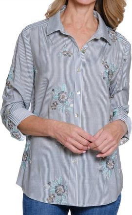 Multiples Roll Tab Button Front Hi/lo Shirt With Embroidery In Chambray