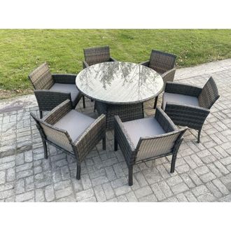 Fimous Wicker pe Outdoor Rattan Garden Furniture Arm Chair And Table Dining Sets 6 Seater Large Round Table Dark Grey Mixed - Fimous