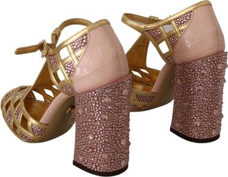 Dolce & Gabbana Womens Pink Gold Leather Crystal Pumps T-Strap Shoes Silk
