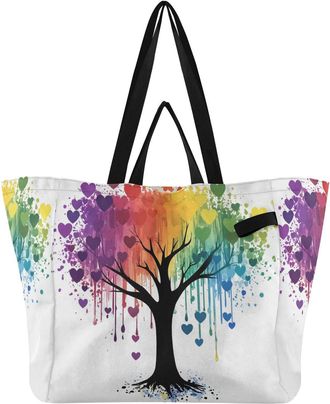 Generic Rainbow Tree White print Reusable Canvas Tote Bag, Heavy Duty Grocery Shopping Bag with Large Capacity Hard Bottom Double Handles Work Groceries Trave
