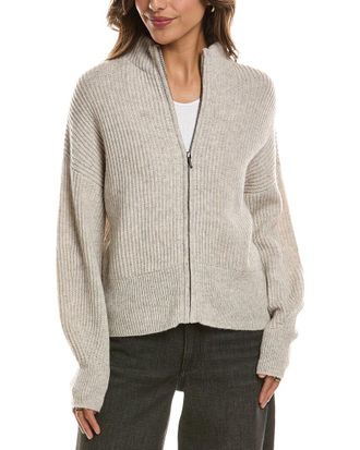 Fort&eacute; Cashmere Rib Zip Mock Neck 100% Cashmere Cardigan
