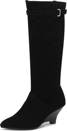 Generic Womens Wedge High Heel Long Boots Pointed Toe Knee High Boots with Side Zipper Faux Suede Western Boot with Buckle,Black,3.5 UK