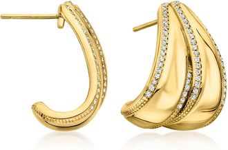Ross-Simons White Topaz J-Hoop Earrings in 18kt Gold Over Sterling