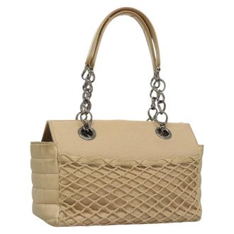 Chanel Vintage Chocolate Bar Tote Quilted Canvas Beige Canvas Handbag (Pre-Owned)