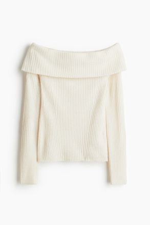 H&M Off-Shoulder-Shirt in Rippstrick - Cremefarben