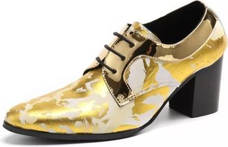 Generic Oxford Shoes for Men Lace Up Derby High Heel Block Heel Slip On for Business Genuine Leather(13.5 UK) Gold