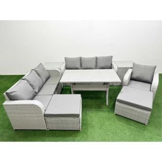 Fimous 9 Seater Poly Rattan Outdoor Garden Furniture Rectangular Dining Table Sofa Set Patio 3 Seater Sofa Reclining Chair 3 Seater Sofa Stools Side Table