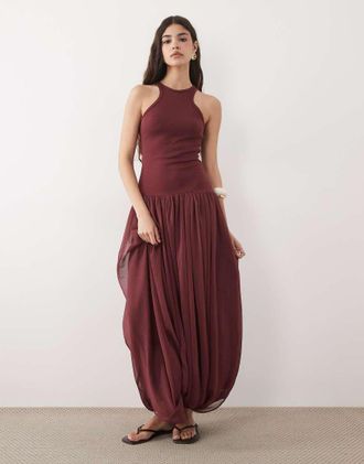 Asos Vestito lungo ibrido bordeaux con scollo a vogatore-Rosso