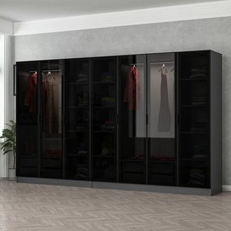 Dmora Armario Grande Prunettos, Ropero Dormitorio Percheros, 14 Estantes, 7 Puertas, 315x210h Cm Negro Antracita