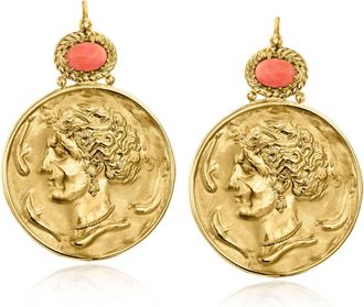 Ross-Simons Italian Tagliamonte Pink Coral Roman Portrait Drop Earrings in 18kt Gold Over Sterling